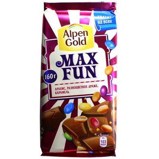 Шоколад Альпен Голд МаксФан  Арахис, разноцветные драже, карамель 160г